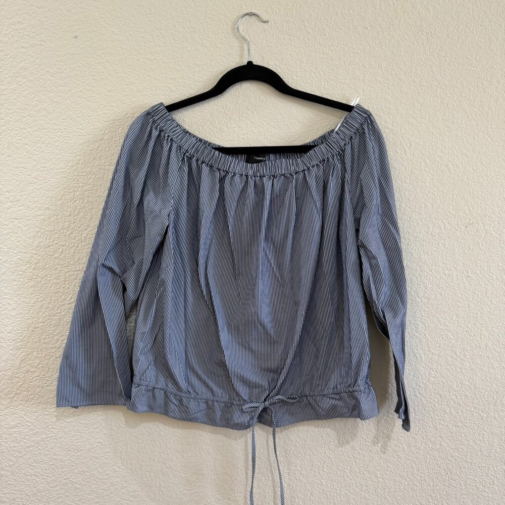 Theory Odettah Blue Striped Off Shoulder  Long Sleeve Shirt